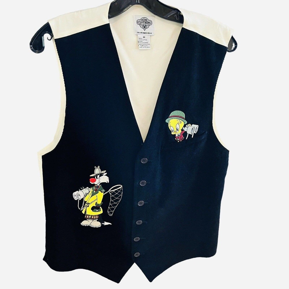 VTG WARNER BROS Acme Clothing Co Men Medium Black Tweety Bird & Sylvester Vest